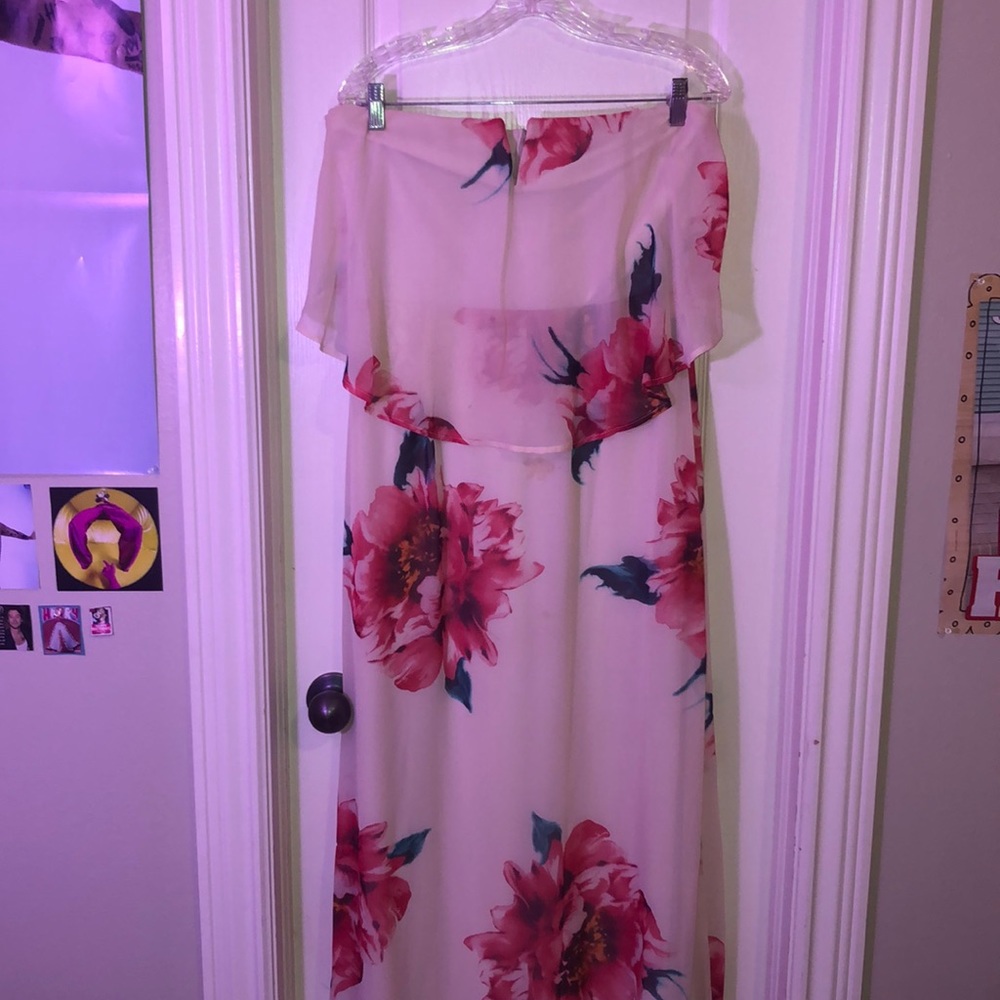 formal strapless floral blush pink dress